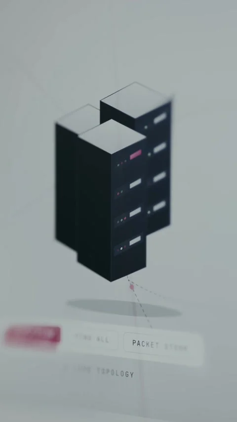 Network infrastructure illustration of three server towers symbolizing data Vídeo Stock 335485624