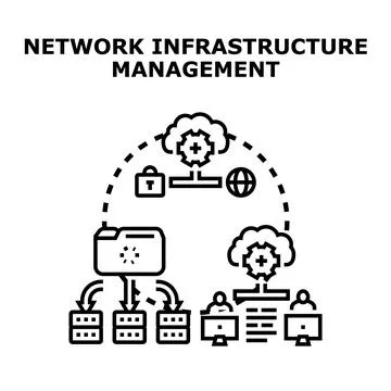 Network infrastructure management creating data flow and cloud system Illustrazione stock