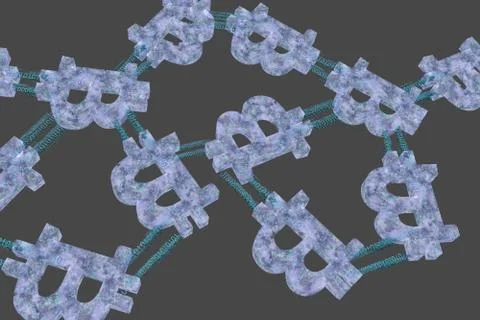 Network of interconnected bitcoin icons. blockchain. 3d render Illustrazione stock