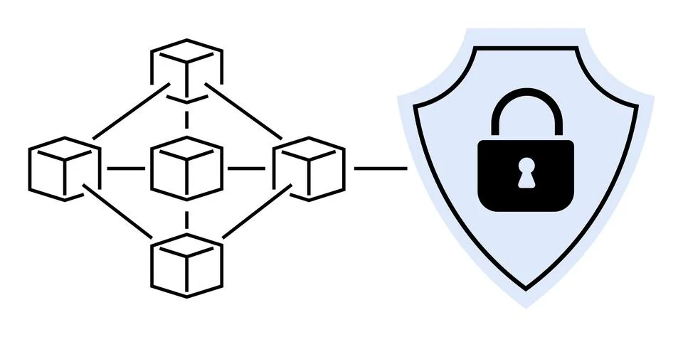 Network of Interconnected Blocks and Security Shield with Lock Icon in Vect.. Illustrazione stock