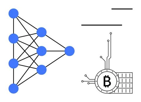 Network of interconnected blue nodes next to a blockchain symbol with a Bitco Illustrazione stock