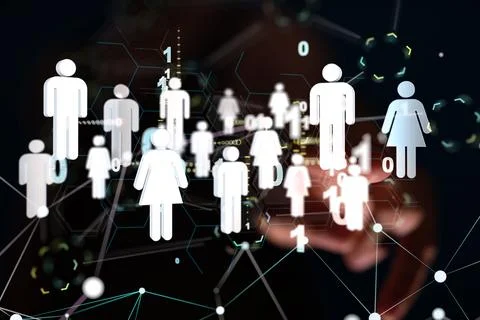Network with interconnected human figures and binary numbers. Web, social media Stock Photos