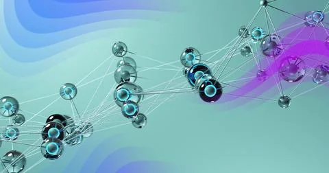 Network of interconnected nodes and lines over colorful gradient background, Stock Photos