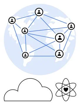 Network of interconnected people overlaid on globe, symbolizing global connec Stock Illustration
