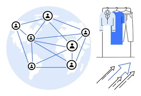 Network of interconnected profiles over world map, clothing rack with various Ilustração Stock