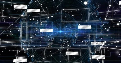 Network interface glowing in digital void, with panels, node points, lines and Stock Illustration