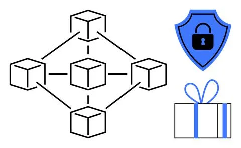 Network of interlinked cubes, blue shield with lock, gift box with ribbon r.. Stock Illustration