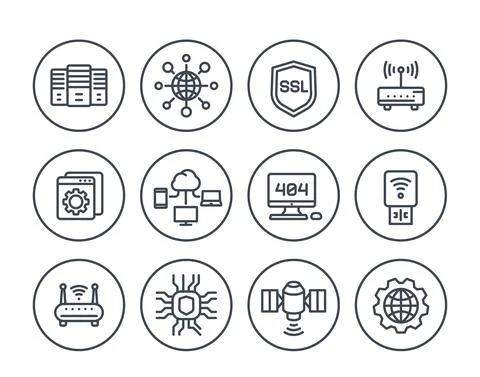 Network, internet data technology, hosting and servers line icons set on whit Stock Illustration