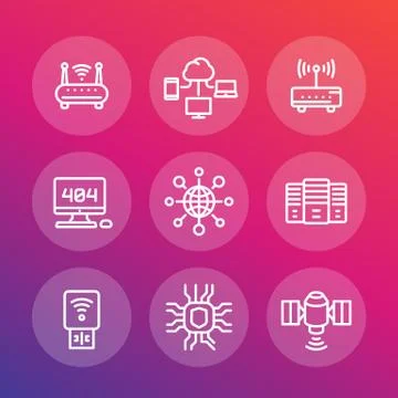 Network, internet data technology line icons set, server, usb modem, router,  Stock Illustration