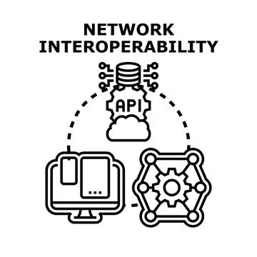Network interoperability connecting devices and data via api Stock Illustration