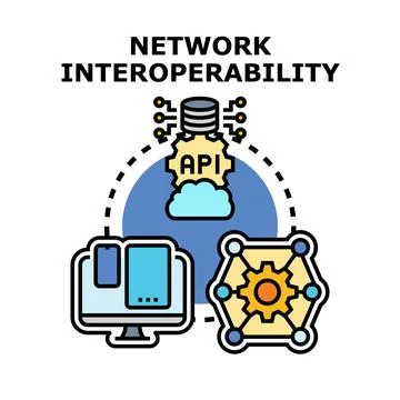 Network interoperability connecting devices and data via api Stock Illustration