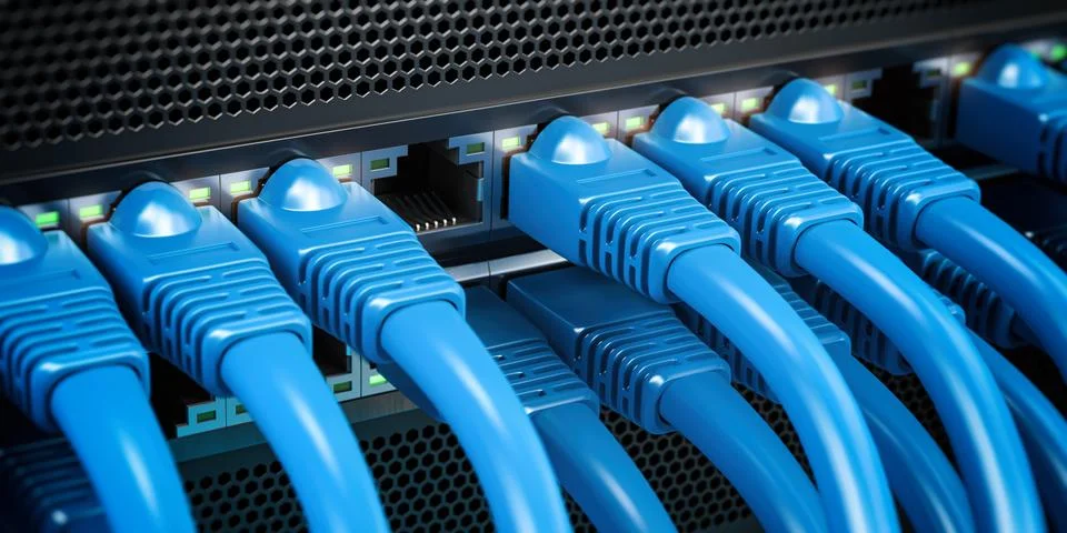 Network LAN internet cables connected in network switches. Server in data cen 스톡 일러스트