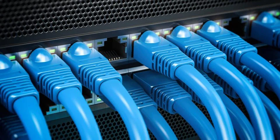 Network LAN internet cables connected in network switches. Server in data ... Stock-Fotos