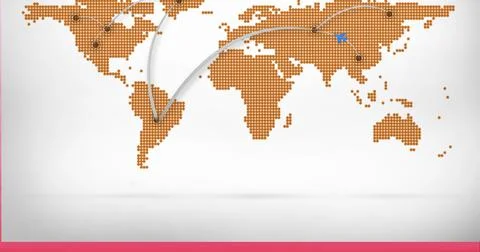 Network of light trails over world map against grey background Stock Illustration