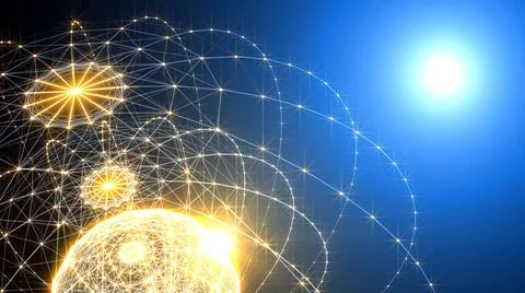 Network lights around a yellow ball - a white light on the top right corner Illustrazione stock