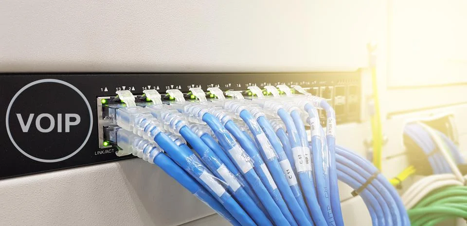Network Line Cables in data center room background with virtual reality icon Stock Photos