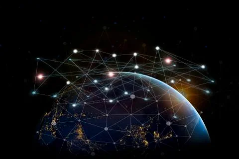 Network line dot on the dark and Internet Network concept with Part of earth Stock Photos