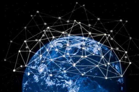 Network line dot on the dark and Internet Network concept with Part of earth Stock Photos