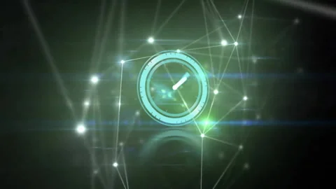 Network lines flickering triggers 3D clock pulsing, rotating hands advancing Video stock 310643326