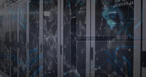 Network lines flowing over server racks, code scrolling, globe rotating, merging Stock Footage 317206767