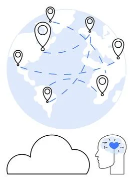 Network of location markers connected across the globe, cloud, human head wit Stock Illustration