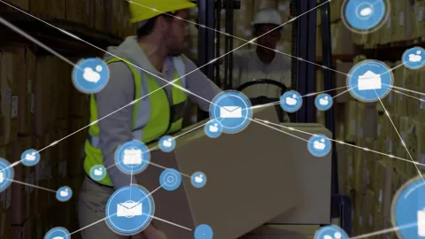 Network of logistics icons animation over warehouse workers handling packages Stock Footage 303684675