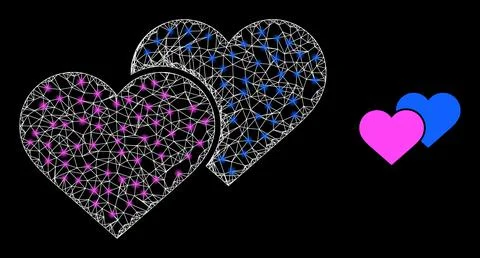 Network Love Hearts Web Mesh Icon with Glare Lightspots Stock Illustration