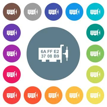 Network mac address flat white icons on round color backgrounds Stock Illustration