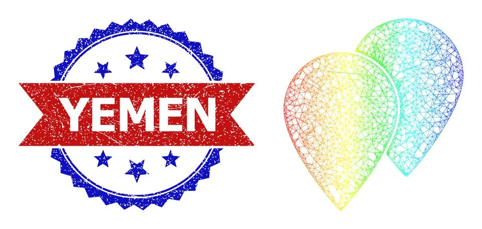 Network Map Pointers Mesh Icon with Rainbow Gradient and Distress Bicolor Yemen Illustrazione stock