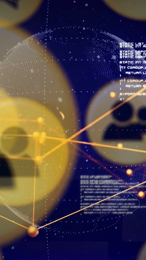 Network map rotating globe and forming user badges with linking lines showing Stock Footage 332547014