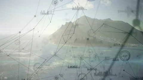 Network materializing over mountain and sea, nodes linking ships and skylines Stock Footage 310668832