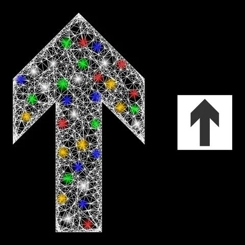 Network Mesh Up Arrow Direction Icon with Bright Colored Lightspots Stock Illustration