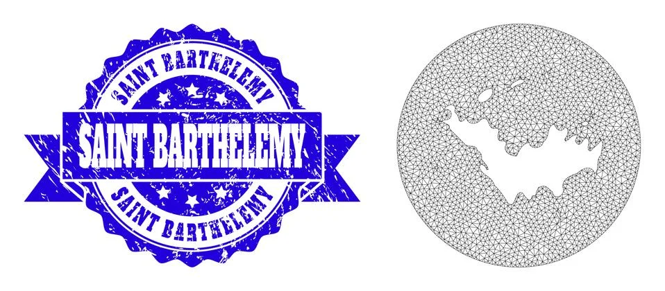 Network Mesh Circle Inverted Map of Saint Barthelemy with Grunge Stamp Stock Illustration