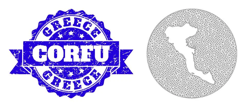 Network Mesh Circle Subtracted Map of Corfu Island with Scratched Stamp Stock Illustration