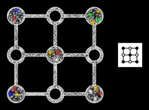 Network Mesh Crystal Grid Nodes Icon with Bright Colored Lightspots イラスト素材