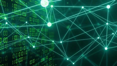 Network mesh drifting as camera pan-zoom, nodes pulsing into main node, left Stock Footage 334351865