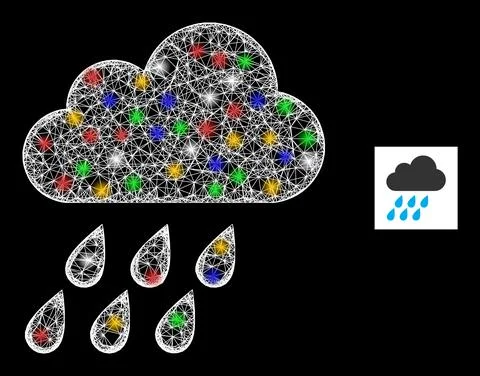 Network Mesh Rain Cloud Icon with Colorful Flash Nodes Stock Illustration