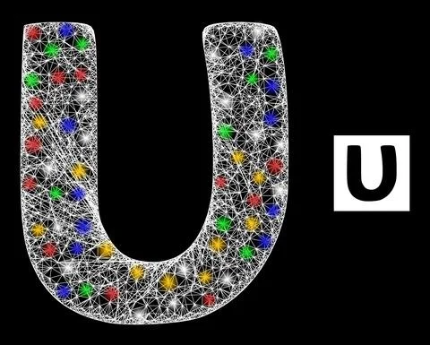 Network Mesh Upsilon Greek Lowercase Symbol Icon with Colorful Glitter Dots Stock Illustration