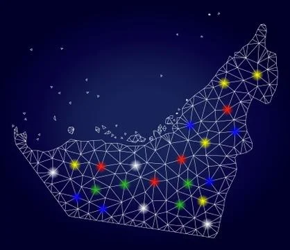 Network Mesh Vector Arab Emirates Map with Color Glow Spots Ilustración de archivo