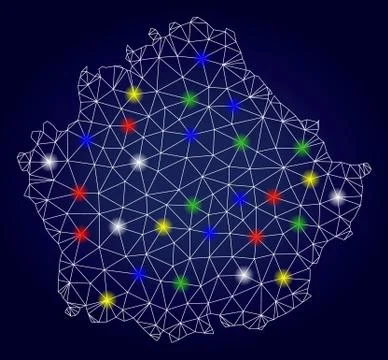 Network Mesh Vector Cuenca Province Map with Colored Glow Spots Illustrazione stock