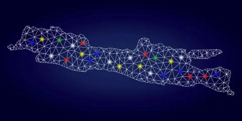 Network Mesh Vector Java Island Map with Color Light Spots Illustrazione stock