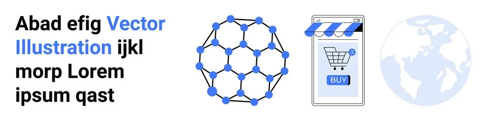 Network model connected with blue nodes, online shopping cart icon on smartph Illustrazione stock