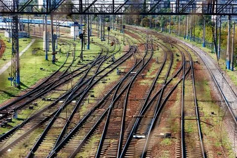 A network of multi-channel railways with a turn for the passage of electric t Stock Photos