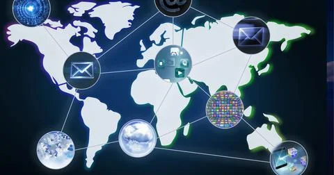 Network of multiple digital icons over world map against blue background Ilustração Stock