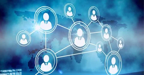 Network of multiple profile icons and data processing over world map against Stock Illustration