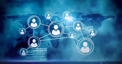 Network of multiple profile icons and data processing over world map against Stock Illustration