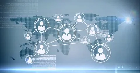 Network of multiple profile icons and data processing over world map against Stock Illustration