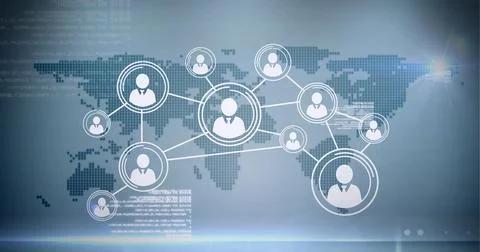 Network of multiple profile icons and data processing over world map against Ilustração Stock