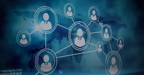 Network of multiple profile icons and data processing over world map against Illustrazione stock