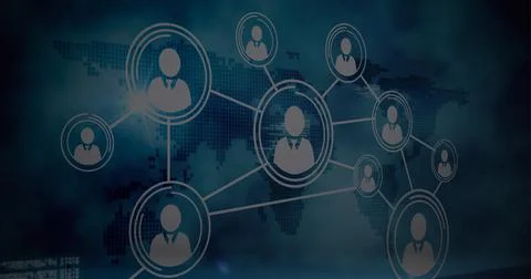 Network of multiple profile icons and data processing over world map against Stock Illustration